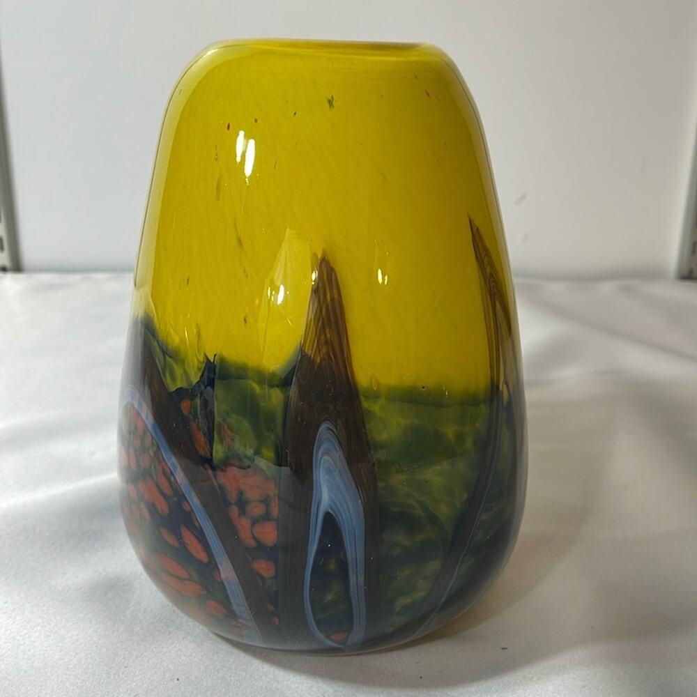 Signed Hand Blown  Glass Vase Yellow Blue Orange Oval By Romanian Artist - Picture 2 of 8